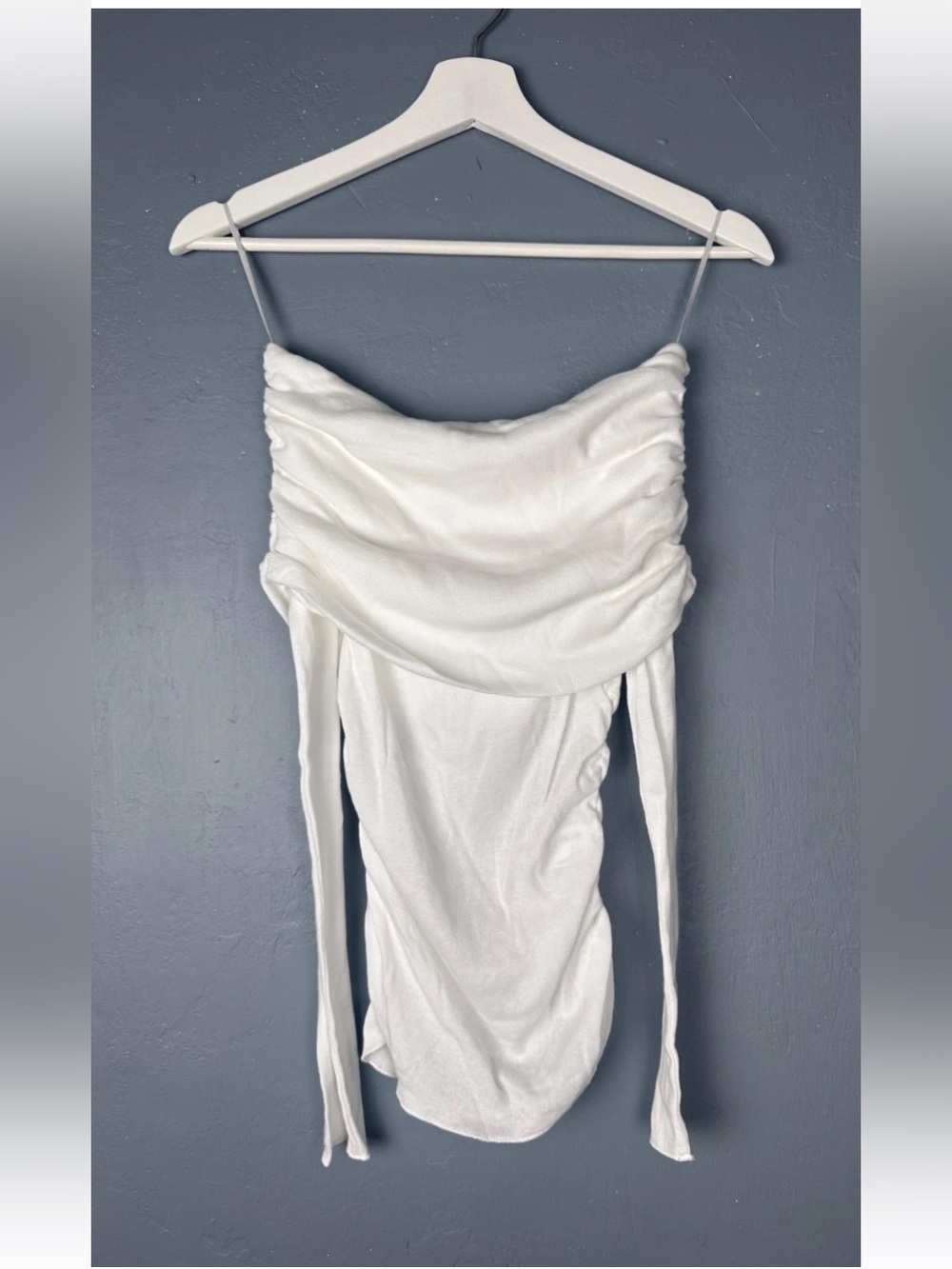 Zara Women's Sz Small White Strapless Ruched Long Sleeves Knit Top NWOT